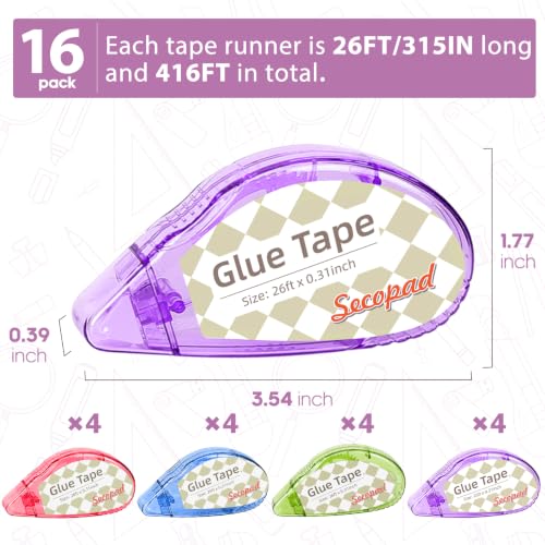 Image of Secopad Scrapbook Tape, 16 Pack Double Sided Tape Roller for Crafts, Adhesive Glue Runner Scrapbooking Supplies Journaling School Office Teacher Supplies, 0.3IN x 26FT, Clear Colored Shell