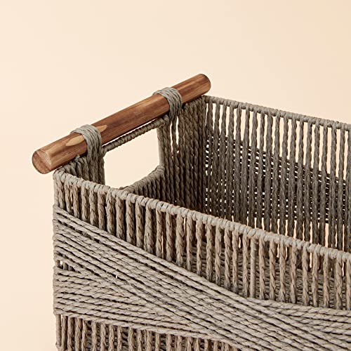 La Jolie Muse Wicker Storage Baskets For Organizing, Recyclable Paper Rope Basket With Wood Handles, Decorative Hand Woven Basket Organizers For Makeup Books Shelves Living Room, Grey, Set Of 2 #TOP4