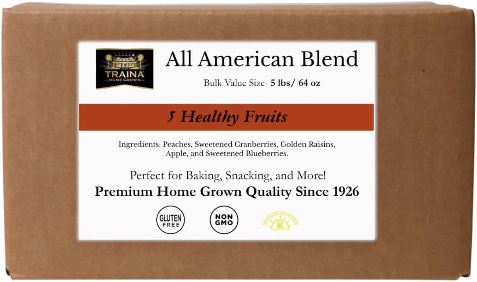 Traina Home Grown All American Dried Fruit Blend - Peaches, Sweetened Cranberries, Golden Raisins, Sweetened Blueberries, Apples - Bulk 5 lb Case, Non-GMO, Gluten-Free- Dried Fruit for Bakeries, Restaurants & Foodservice