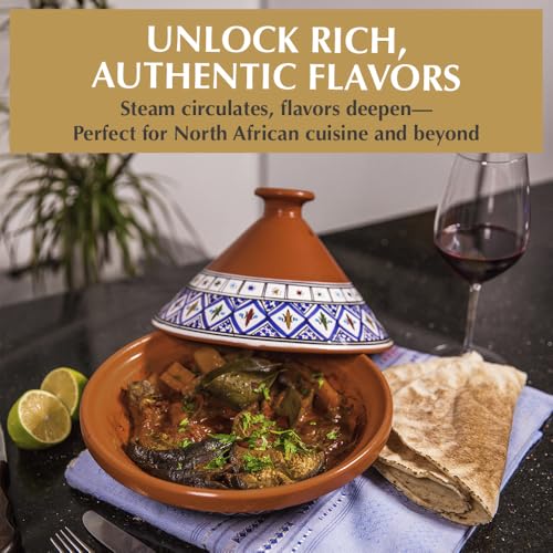 Kamsah Tagine Pot for Cooking and Flavor Enrichment - Medium Clay Pot 10”, 3.1 QT - Non-Stick Handmade Cookware - Moroccan Ceramic Pots for Cooking with Lid & Serving Bowl - Bohemian Classic Blue