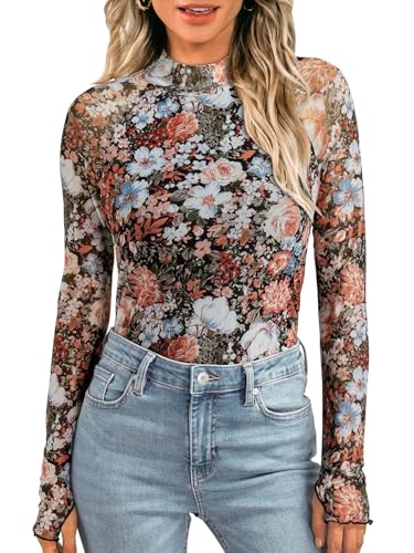 LILLUSORY Lace Long Sleeve Floral Mesh Mockneck Going Out Tops for Women Spring Fashion 2025