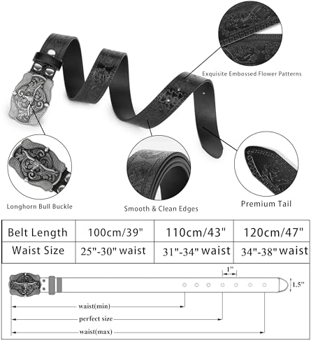 Image of UTOWO Western PU-Leather Cowboy Buckle Belt for Men and Women Jeans Engraved Floral Longhorn Bull Buckle Belt (25-38 inch waist)