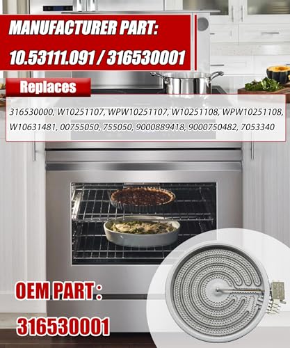 Image of 316530000 Oven Radiant Surface Element Fits for Frigidaire Electrolux Stove | 316530001 9 inch 3200 (1100) W Burner Replaces AP5983959, 4279207, PS11723364.W10251107 W10251108 W10631481 00755050