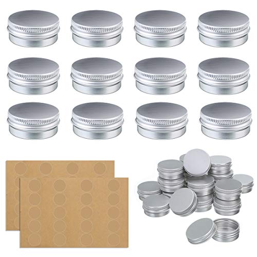 OUTERDO Döschen, Aluminium Leer Döschen 24 Stücke Set (Mit 2 Stücke runde Aufkleber), Cremedose 20ml mit Schraubdeckel für lippenbalsam, Lotion, Creme, Masken, Mini-Kerzen, Kosmetik Silber