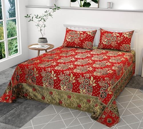 Image of Velvet Queen Size Bedsheet Set, 3 Piece Jaquard Weaved Long Life bedsheet with 2 Pillow Covers, Coffee Colour (Gold)