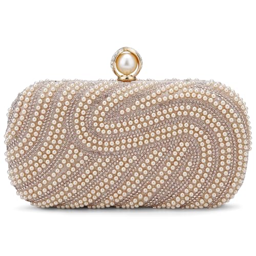 Image of YYW Womens Pearl Clutch Purse Evening Handbags Beaded Bag for Wedding Bride Party with Chain