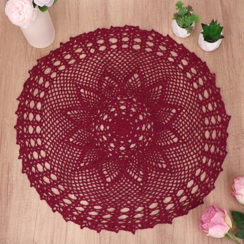 kilofly Napperon de table en dentelle de coton crocheté fait à la main, motif nénuphar, rouge, 56 cm