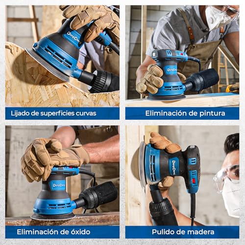 DongCheng Lijadora orbital aleatoria 300W, 125mm, 6 velocidades, 4.000-12.000 rpm con colector de polvo y 10 lijas, ideal para proyectos de carpintería y bricolaje - imagen 10