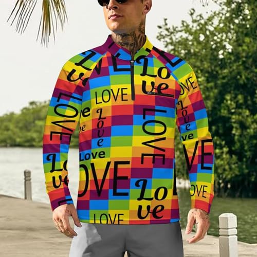 Rainbow LGBT Love Rectangles Men's Rash Guard Long Sleeves Quick Dry Fishing Workout Shirts with Zipper2