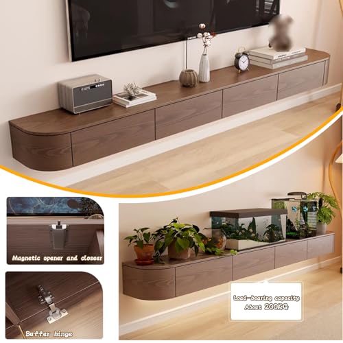 HYANXUE Schwimmende TV-Einheit, montierter Ständer mit Klapptüren und Seitentür, Aufbewahrungs-Bank unter dem Fernseher für Schlafzimmer, Wohnzimmer (Braun + LED, 180 cm) – Bild 7