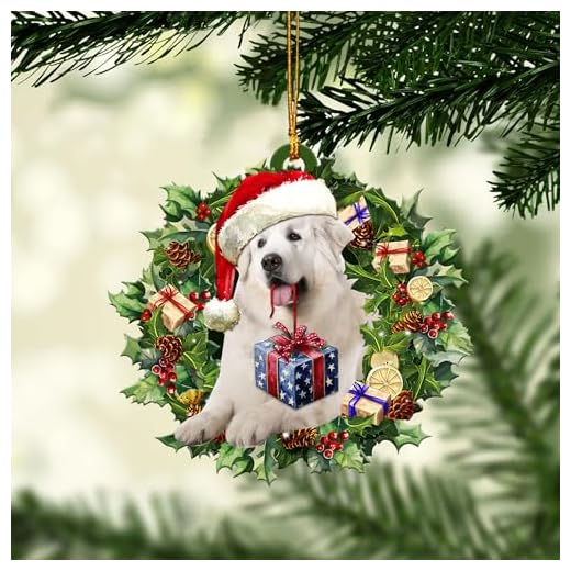 Talataca Great Pyrenees Christmas Hat Wreath, Patou Pyrenean Mountain Dog 2D Flat Car Rear View Mirror Accessories Christmas Tree Ornament Decoration Hanging Charm Interior Rearview Pendant Decor Gift