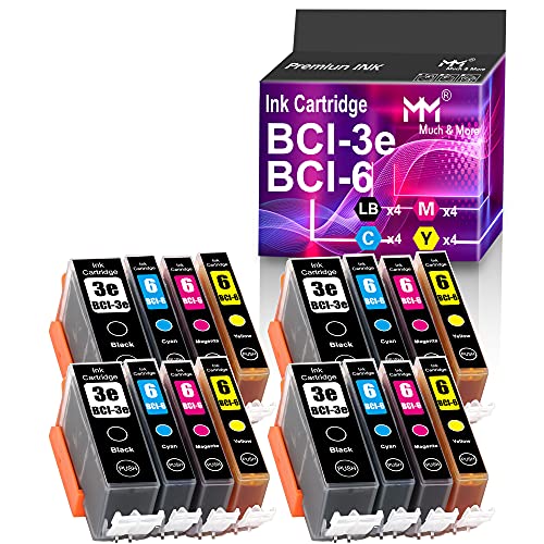 MM MUCH & MORE Compatible Ink Cartridge Replacement for Canon BCI3e BCI6 BCI-3e BCI-6 Used for Pixma iP3000 iP4000 iP5000 iP6000D Printers (16-Pack,4 Large Black, 4 Cyan, 4 Yellow, 4 Magenta)
