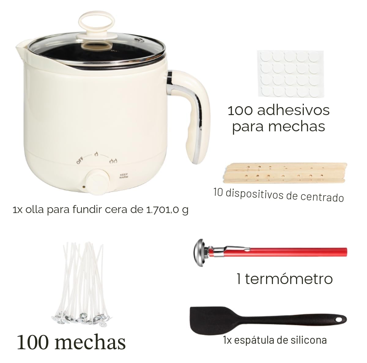 JULWHISPER Derretidor de cera para hacer velas, 1.8 L, con boquilla de vertido, kit de fabricación de velas para adultos incluido: mechas, calcomanías de mecha-Enchufe UE