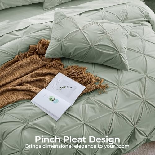 Image of Sasttie Queen Comforter Set, 7-Piece Bed in a Bag, Pintuck Bedding Set for All Season, Includes Comforter, Flat Sheet, Fitted Sheet, Pillowcases and Pillowshams, Dusty Green