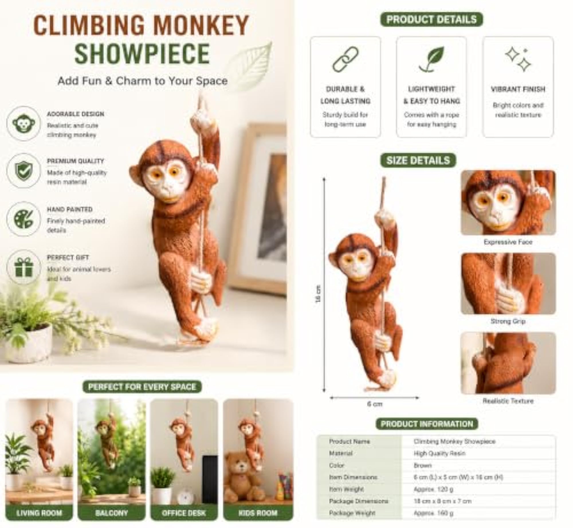 Hanging Monkey with Jute Rope for Garden and Home Decor