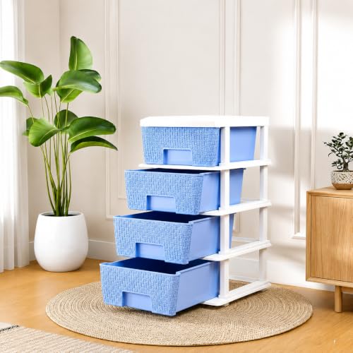 Image of KITCHIVO Plastic Modular Drawer Storage Chest Of Drawers Organizer Storage Box, Large Stomo Racks For Multipurpose Anti-slip Shoes Organizers (White & Sky Blue, 4 Layer)