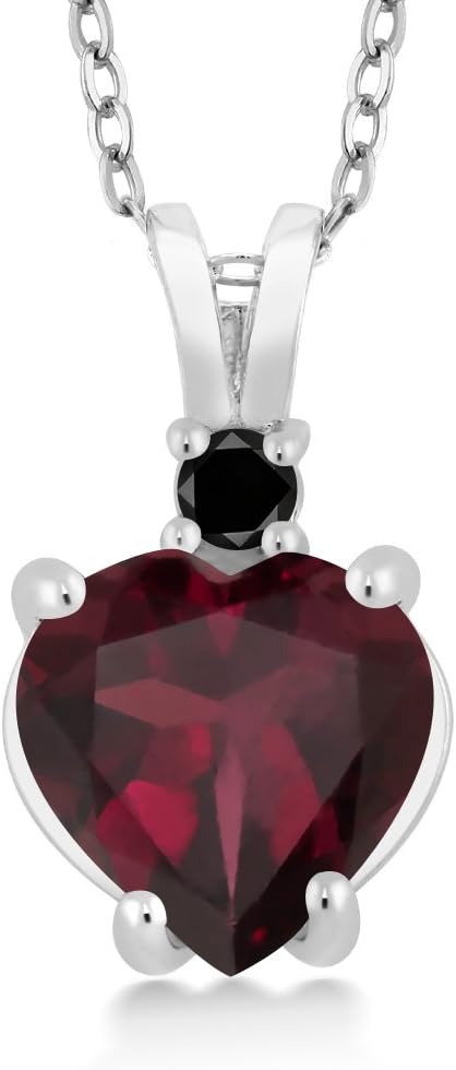 Gem Stone King 14K White Gold Heart Pendant set with 2.0 Ct Red Rhodolite Garnet Black Diamond