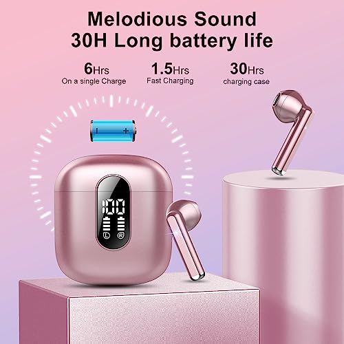 Image of Wireless Earbuds, Bluetooth 5.4 Headphones HiFi Stereo, Bluetooth Earbuds with ENC Noise Cancelling Mic, 36H LED Display Ear Buds, IPX7 in Ear Earphones for Phone Tablet Laptop Sports, Rose Gold