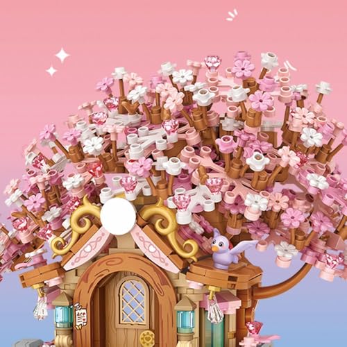 Image of SKY LINE OCEAN Japanese Cherry Blossom Tree House Building Set, 1149+ Mini Blocks, DIY Pink Sakura House Kit with Pond & Swing, Creative Gift for Girls & Kids Ages 14+ | 5 Year Structural Warranty