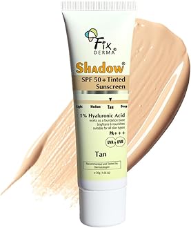 Fixderma Shadow Tinted Sunscreen Tan SPF 50 PA+++ | 1% Hyaluronic Acid & Vitamin E | Brightens & Nourishes the Skin | UVA & UVB Protection | Lightweight | No White Cast | For All Skin Types - 30gm