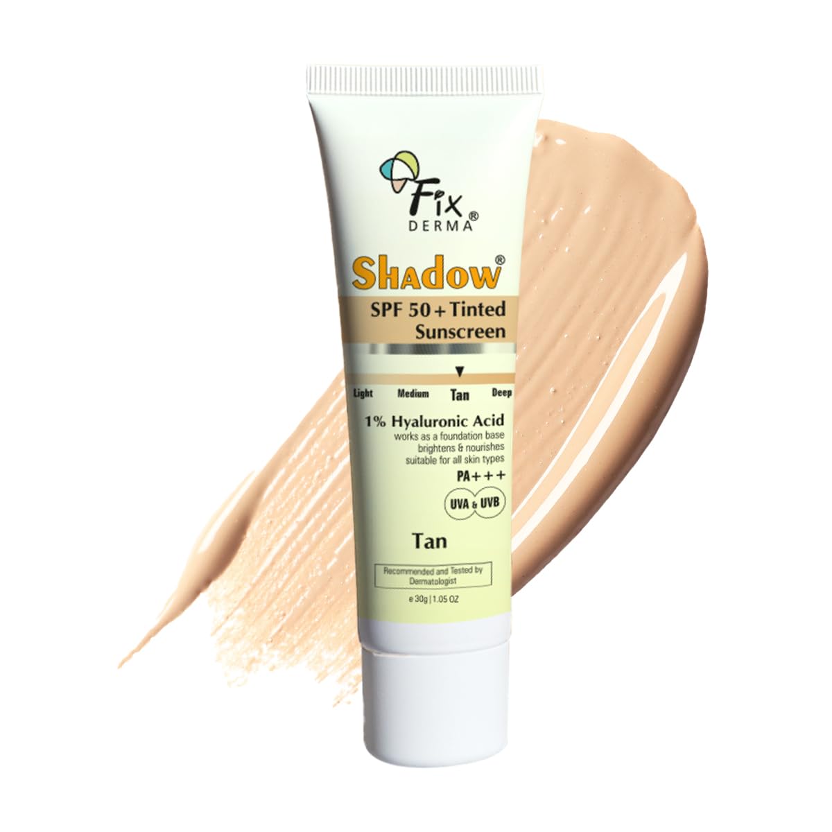 Fixderma Shadow Tinted Sunscreen Tan SPF 50 PA+++ | 1% Hyaluronic Acid & Vitamin E | Brightens & Nourishes the Skin | UVA & UVB Protection | Lightweight | No White Cast | For All Skin Types - 30gm