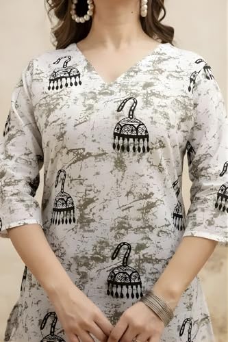 Image of Women's Cotton Printed Short Kurti, Round Neck, Three Quarter Sleeve, Straight Fit, Pack of 2
