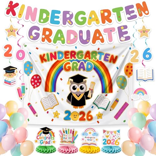 PartyWoo Graduation Decorations 2026 Kindergarten Rainbow 40pcs Grad Party Supplies with Congrats Grad Colorful Backdrop Banner Hanging Swirls Latex Balloons Graduation Cap Centerpieces Party