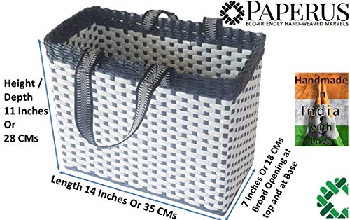 Image of Paperus, White & Grey, Large Lunch Bag for office, Picnic Basket, Carry Bag, Tiffin Basket, Eco-Friendly, Handmade, of Paper Ropes (in Inch) Height 11, Length 14, Base 7 - Rectangular