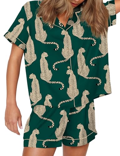 Image of SHESHOW Satin Pajamas for Women Set Preppy Animals Pjs Short Sleeve Shorts 2 Piece Loungewear Sets XS-XXL