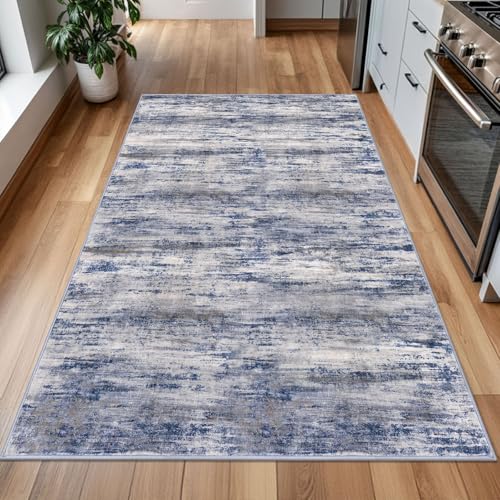 KOZYFLY 4x6 Area Rug Modern Ombre Washable Rugs for Bedroom Non-Slip Soft Striped Living Room Rugs, Print Distressed Grey-Blue Abstract Carpet for Laundry Nursery
