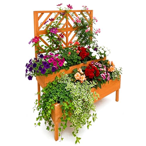 Relaxdays Blumenkasten mit Spalier, HxBxT: 135 x 109 x 62 cm, Holz, 2 Pflanzkübel & Sichtschutz, Garten Hochbeet, orange