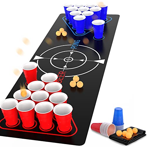 Faburo Beer Pong Tisch Matte Set Beer Pong Tisch Matte 180x60cm mit 22 Bechern 6 Beer Pong Bälle