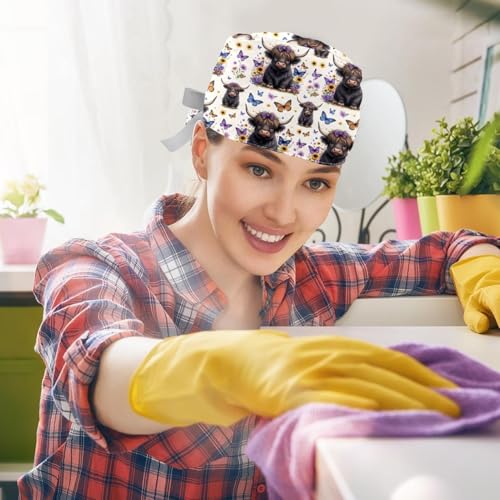 Image of 2 PCS Bouffant Cap with Button Ponytail Pouch Working Cap Sweatband Adjustable Surgical Cap Black and White Cow