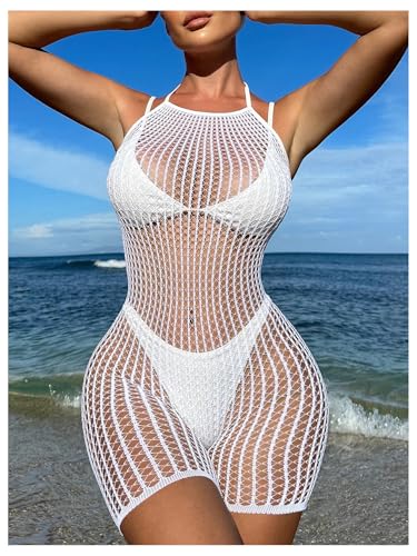MakeMeChic Women's Bathing Suit Beach Cover Ups Halter Mesh Fishnet Shorts Romper3