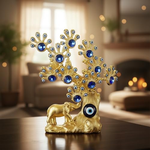 Image of eCraftIndia Blue Crystal and Evil Eye Lucky Tree with Gold Elephant Turkish Amulet Table Centerpiece Ornament Showpiece for Home Decor Office Protection Gift for Housewarming Birthday