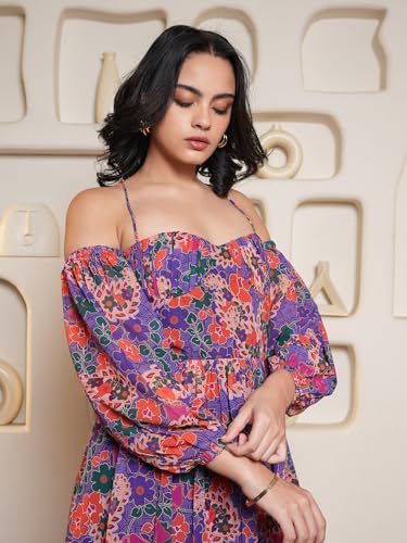 Image of PURVAJA Women's Fit & Flare Above Knee Length Dress (Floe-028-030)