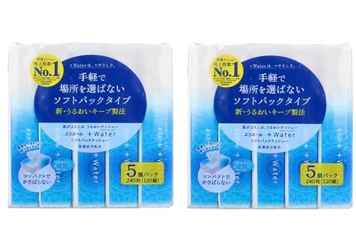 +Water ティッシュ プラスウォーター ソフトパック 120組×5個パック 1ケース 大容量 高保湿 水分 潤い 柔らかい 痛くなりにくい 花粉症 保湿成分配合 家庭用 業務用 オフィス (2個)
