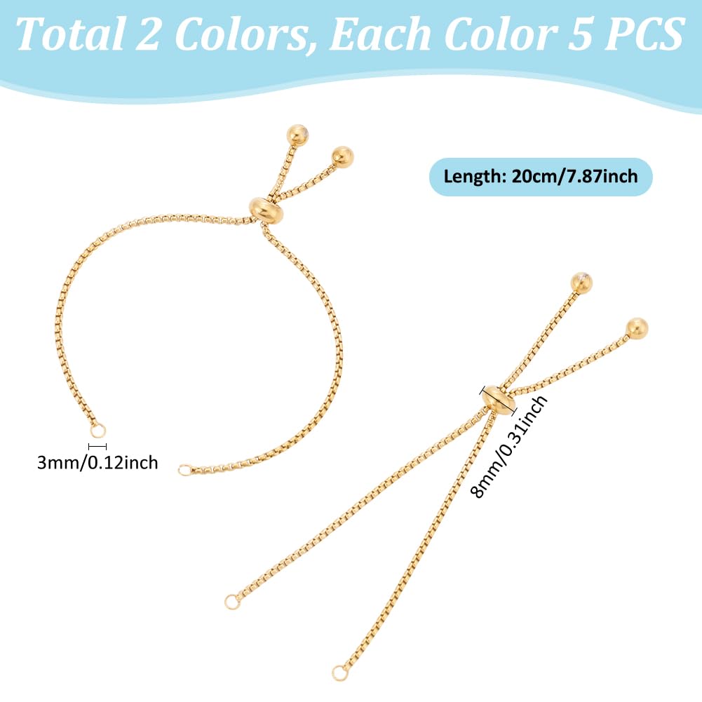 UNICRAFTALE 10 braccialetti regolabili in 2 colori, in acciaio inox, per catena di estensione, catena con fermo, braccialetto di perle, catena a serpente fai da te, 20 cm