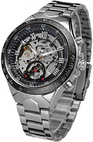 Skeleton Watches Automatic Self-Wind Mechanical Watches Silver Stainless Steel Men's Wrist Watch