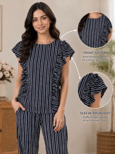 Image of Yash Gallery Women's Rayon Striped Print Flare Short Sleeve Round Neck Night Suit Pajama Set