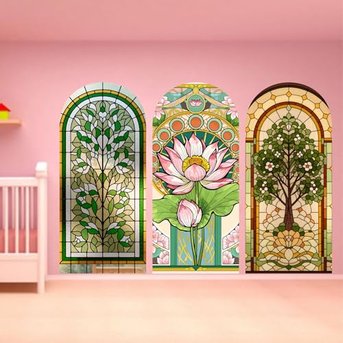 Image of Ridit Creation Stained Glass Window Style Wall Poster Set of 3 (120x90 cm) | Lotus Flower & Tree Design Decorative Wall Art | Modern Aesthetic Wall Posters for Living Room, Bedroom & Office Decor