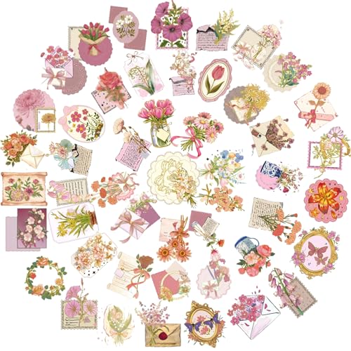 Autocollant Fleurs Scrapbooking, 50 PCS Rétro Stickers Aesthetic, Imperméables Autocollant Scrapbooking en PET Transparent, DIY Stickers Scrapbooking, pour...