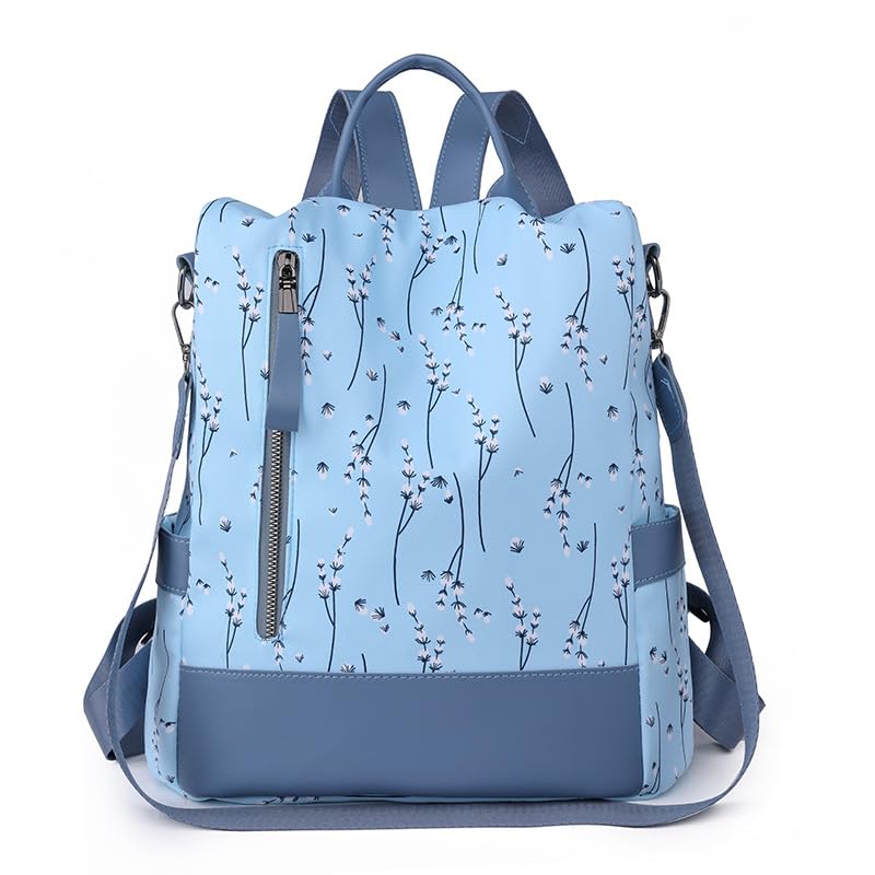 Mochila feminina, leve, estampa floral, tecido Oxford, antirroubo, bolsa tiracolo conversível de 2 formas, Azul, Large, Azul