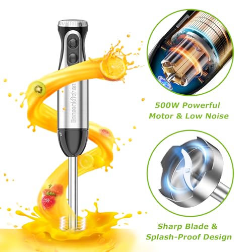 Bonsenkitchen 4-in-1 Immersion Blender Handheld, 20 Speeds Hand Blender with Turbo Mode, Stainless Steel Blade, Egg Whisk, Beaker & Chopper Bowl, Stick Mixer for Soup, Smoothie, Puree, Baby Food