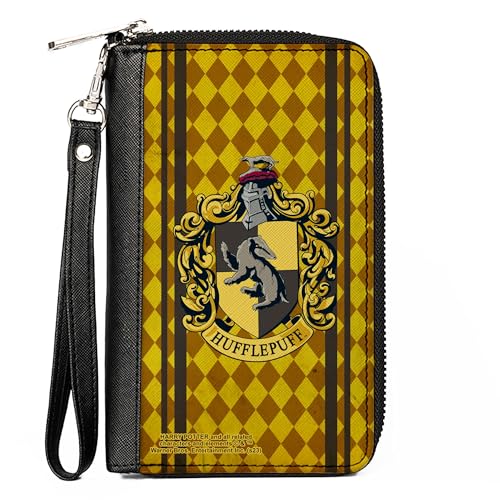 Buckle-Down The Wizarding World of Harry Potter Wallet, Zip Around, Hufflepuff Crest Stripes Diamonds Gold Browns, Vegan Leather
