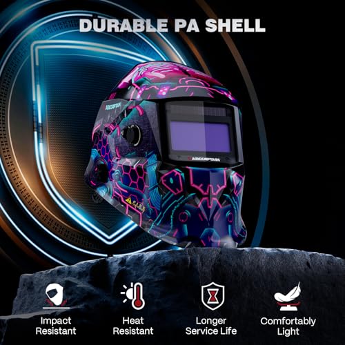 Image of ARCCAPTAIN Large Viewing Screen Welding Helmet, 1 /1 /1 /1 Top Optical Clarity Auto Darkening Welding Hood, 4 Arc Sensor 1 /25000s Response Time True Color Weld Hood Helmet HSH-S800 Cyberpunk