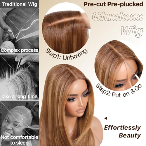 Wear and Go Glueless Wigs Pre Plucked Pre Cut for Beginners Honey Blonde Synthetic Lace Front Wigs For Woman Long layered straight Wigs with bangs 427 middle part wig 26 Inch - Image 6