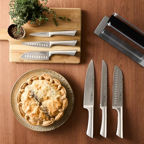 Image of Cuisine::pro Damashiro Knife Block (Kumi, 7-Piece Chef Knife Set) - Japanese Steel Knife - Magnetic Knife Block- Damascus-Inspired Blade Kitchen Knives