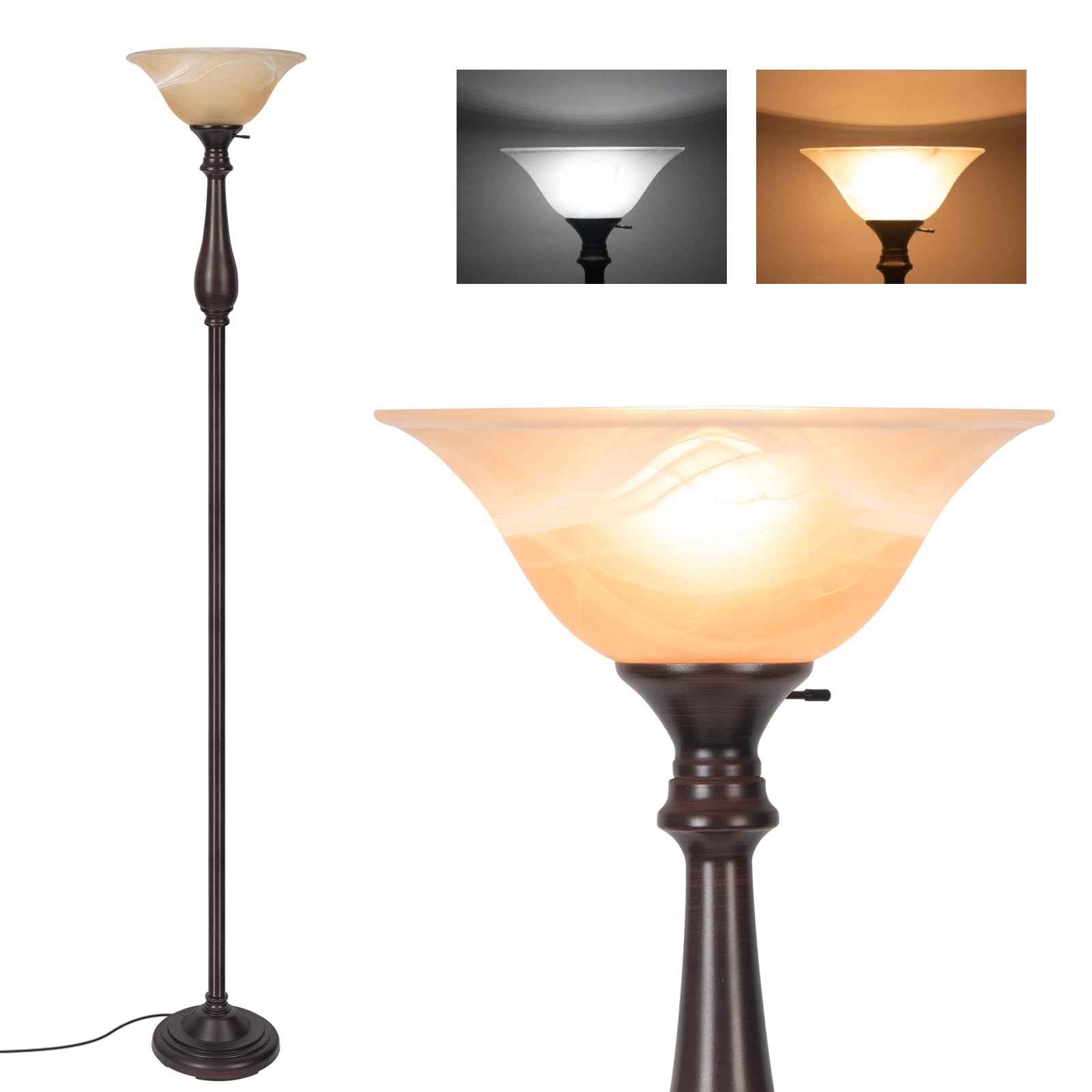 Photo 1 of ***Bent pieces*** Torchiere Floor Lamp for Living Room, Standing Lamp with Glass Shade, Iron Brushed Nickel Floor Lamps, Corner Lamps for Bedroom, Office, Reading (Dark Brown)***Bent pieces***