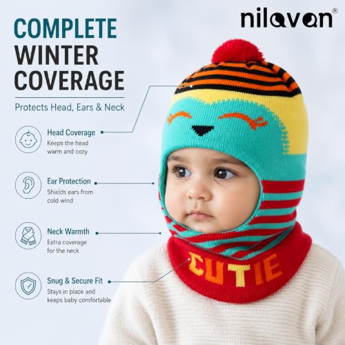 Image of Nilavan Unisex Woolen Monkey Caps for Babies (Pack of 2) | Soft Knitted Balaclava Winter Caps with Ear & Neck Coverage | Cute Face Muffler Cap for Newborn, Infants & Toddlers